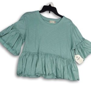 Altar’d State Womens Green Bell Sleeve Round Neck Ruffle Hem Pullover Blouse Top